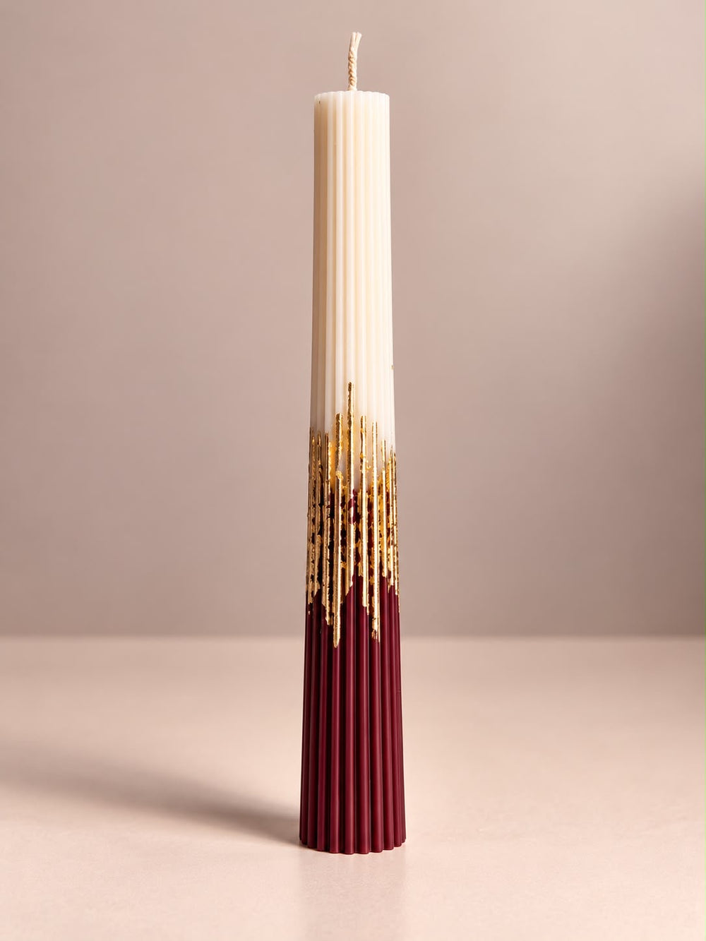 Burgundy & Ivory Gold Leaf Ribbed Pillar Candle 20