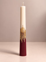 Burgundy & Ivory Gold Leaf Ribbed Pillar Candle 20