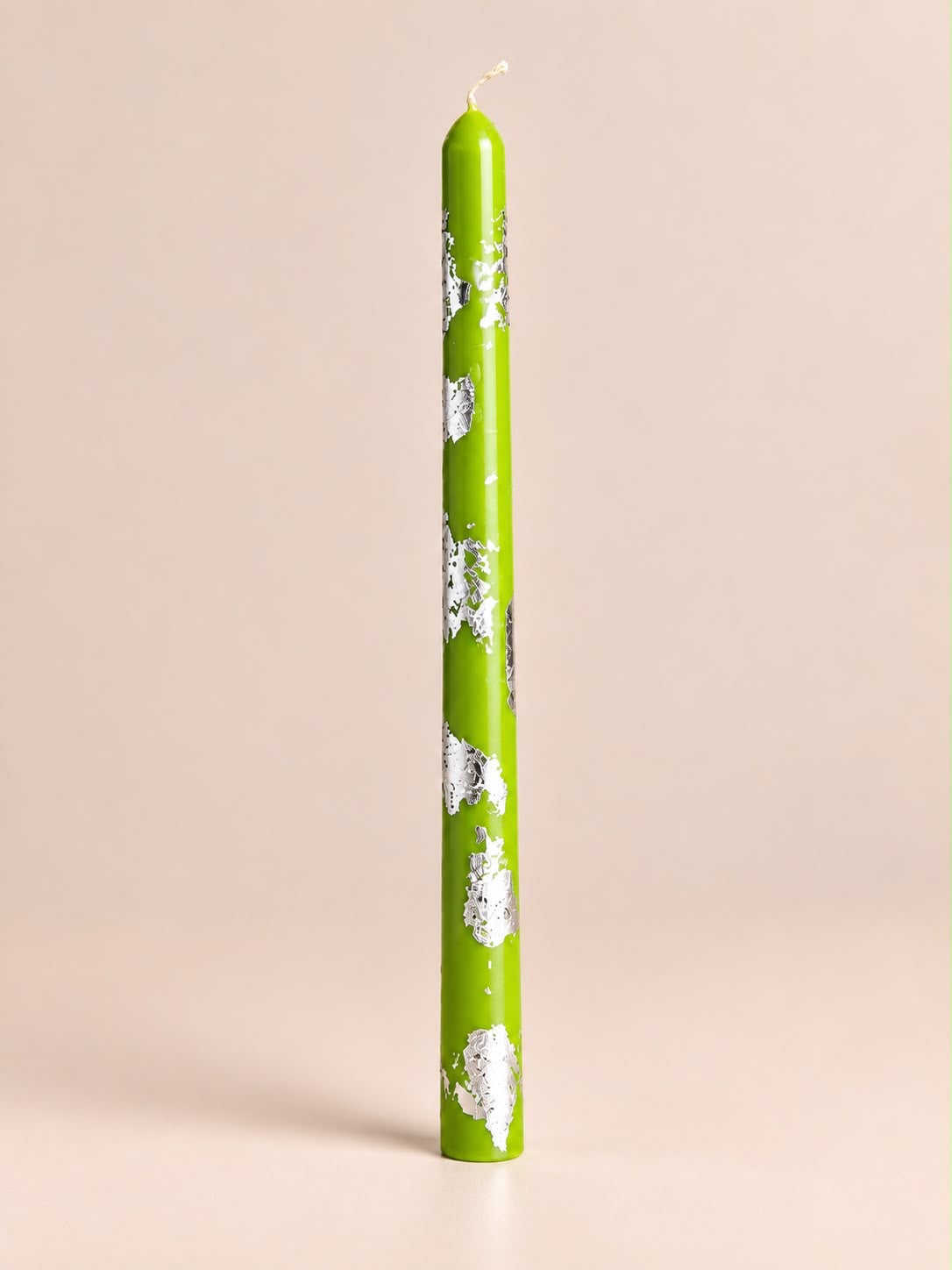 Green & Silver Taper Candle 16 – Decorative Metallic Leaf Taper Candle