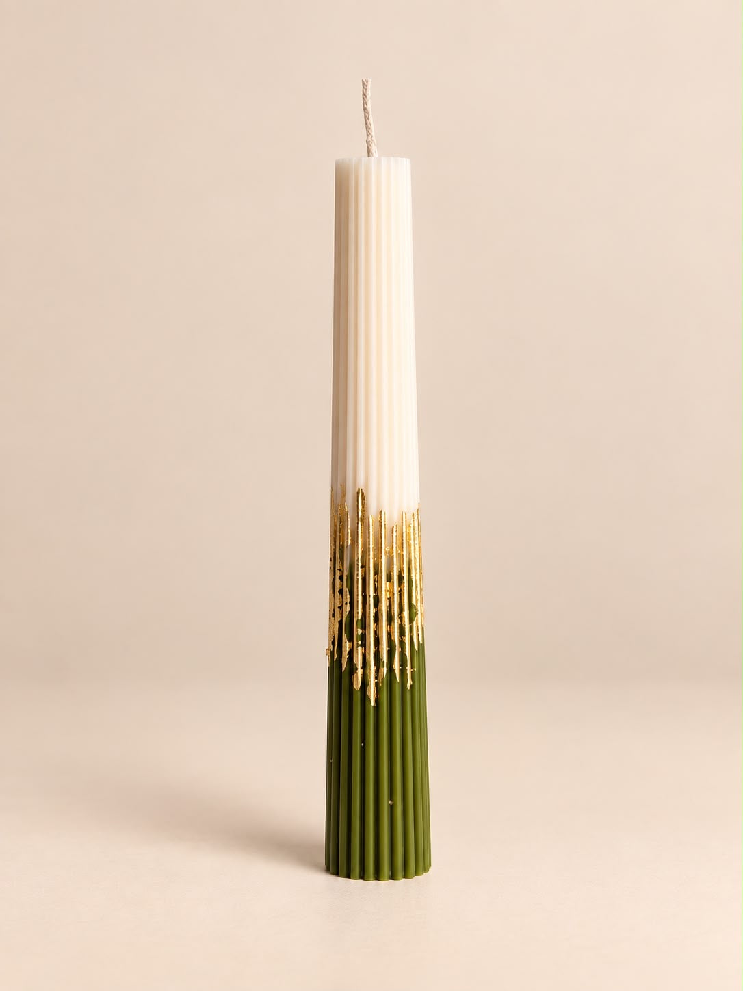 Olive Green & Ivory Gold Leaf Ribbed Pillar Candle 20