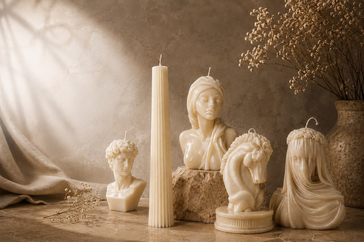 Five cream sculptural candles — a David bust, a fluted pillar taper, a veiled woman bust, a horse and a veiled figure — with dried gypsophila and a stone vase on warm marble